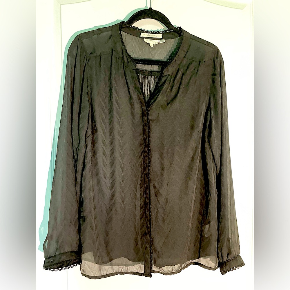 Black sheer eyelet trim blouse